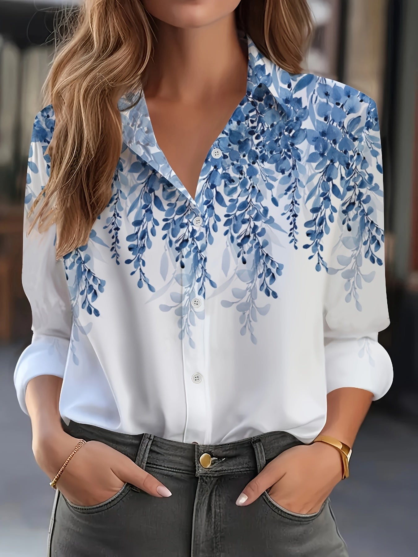 [Elegant Floral Blouse] Elegant Women's Gradient Floral Print Long Sleeve Shirt | Classic Collar Blouse with Pink to Red Botanical Design, Machine Washable Non-See-Through Fabric for All-Season Casual & Formal Wear
