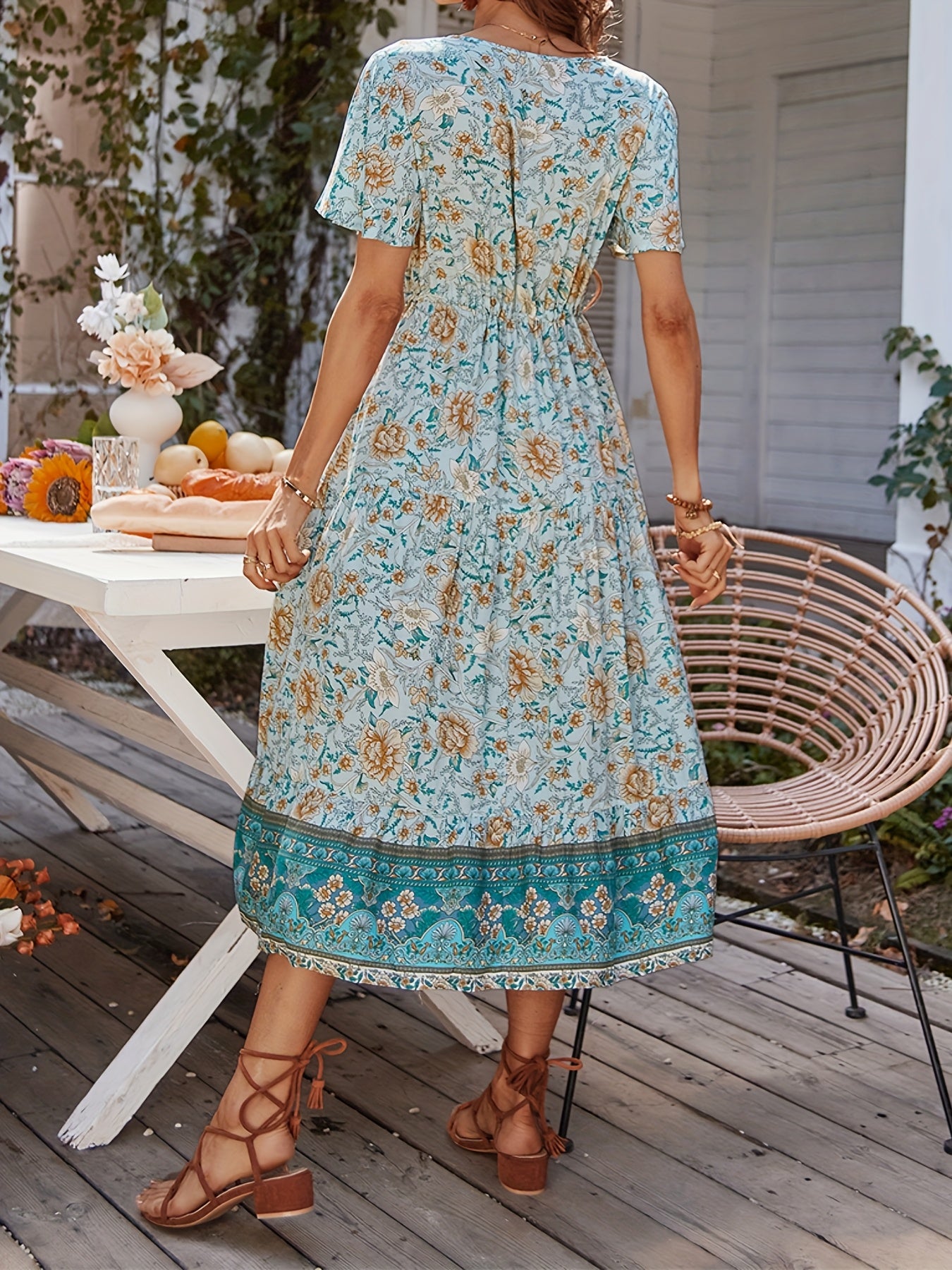 Lightweight And Breathable Summer Women's Waist Cinched Elegant Bohemian Button Up Dress, V-neck Fashionable And Refreshing Vacation Casual Women's Long Dress