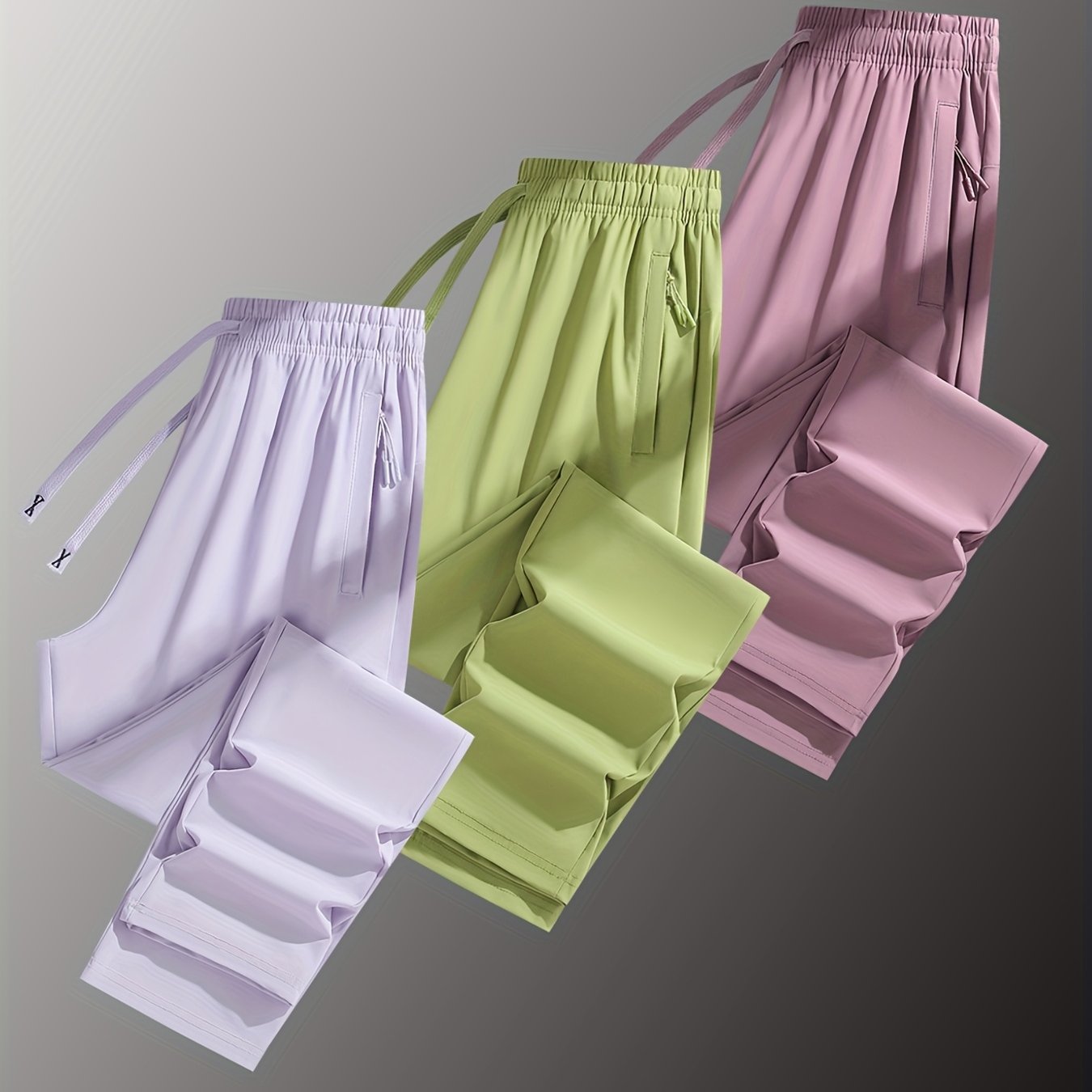 Three Pairs of Summer Women's Solid Color Long Pants with Elastic Drawstring Waist, Hidden Zipper Pockets, Nylon-Spandex Blend for Stretchy Straight-Leg Fit, Quick-Dry Fabric, Suitable for Daily Outings, Leisure, And Workouts