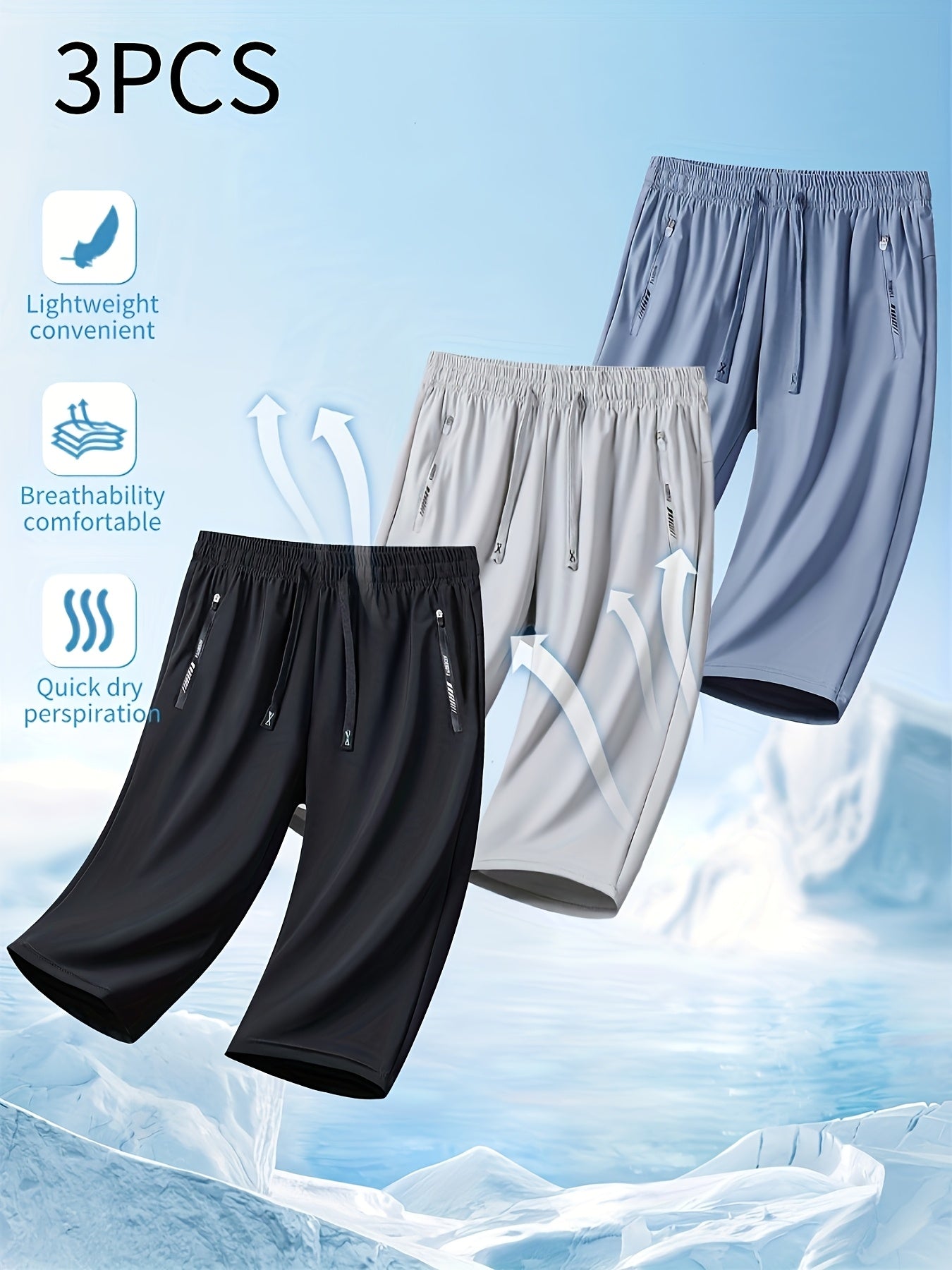 Three Pairs Of Summer Women's Shorts, Women's Solid Color 3/4 Pants, Elastic Drawstring At The Waist, Diagonal Zipper Pocket, Nylon And Spandex Medium-elastic Fabric Pants, Ice Silky Quick-drying Sports Pants, Women's Pants