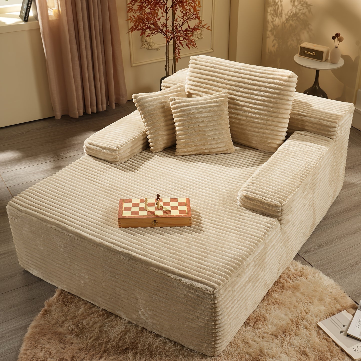 48" Large Corduroy Floor Sofa with Pillows - Oversized Lounge Chair with Plush Upholstery, Deep Cushions, And Armrests/ Deep Seat Sofa Bed with High Density Sponge Cushion/ USleeper Sofa for Living Room, Bedroom, Apartment, B