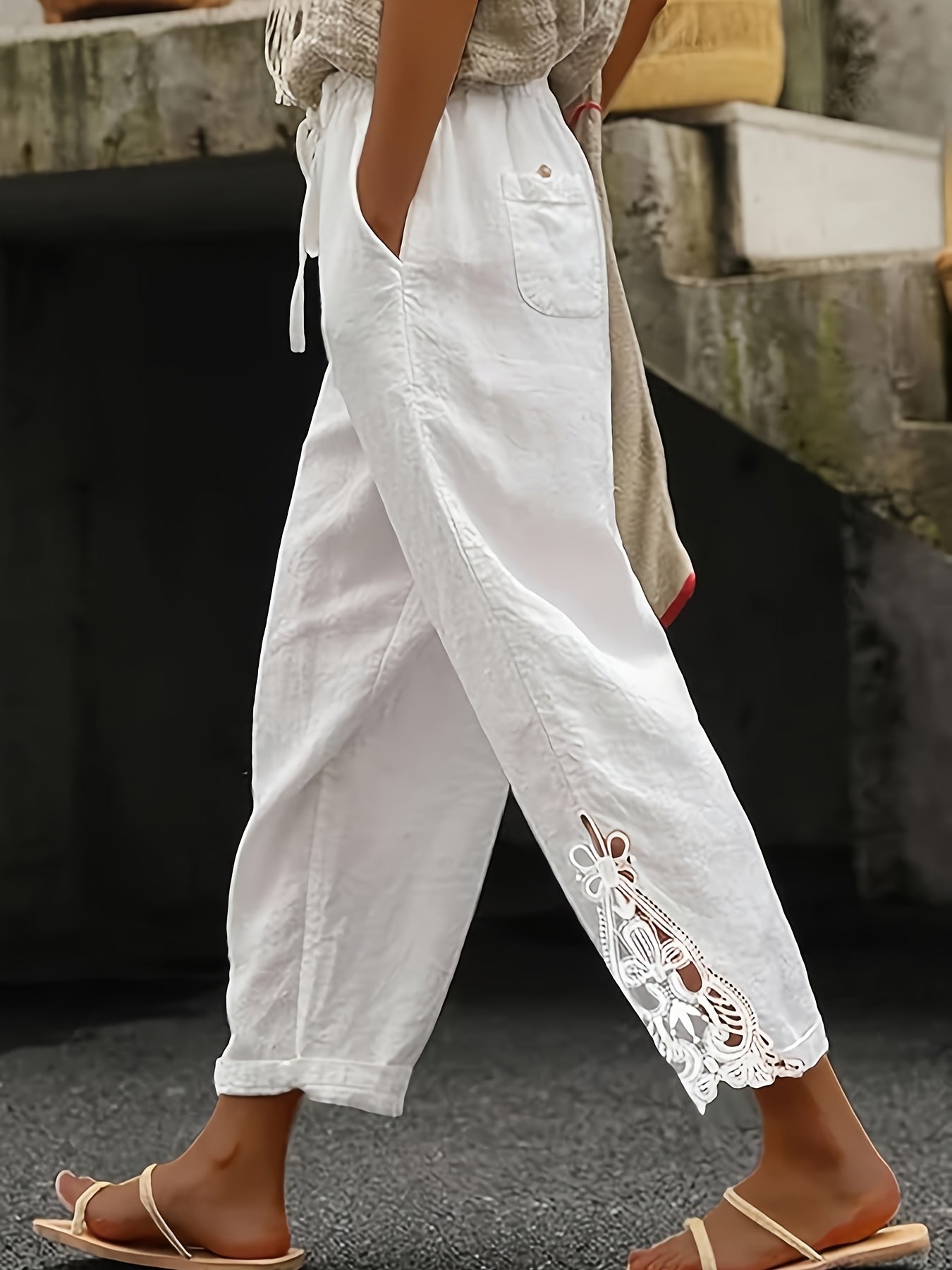 Women'S Casual Fashion Trousers - With Pockets, Waist Drawstring Design, Lace Stitching Design On The Trouser Legs, Suitable For Daily Commuting, Casual Outings, Vacation Travel, Spring, Summer And Autumn Trousers