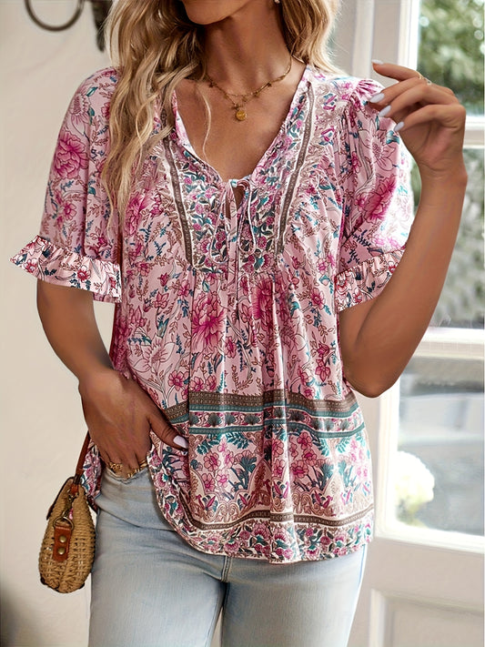 Chic and Adorable Bowknot Short Sleeve Shirt, Casual Bubble Sleeve Flared Ethnic Floral Print Women's Top for Vacation, Outings, Commuting, and Gatherings