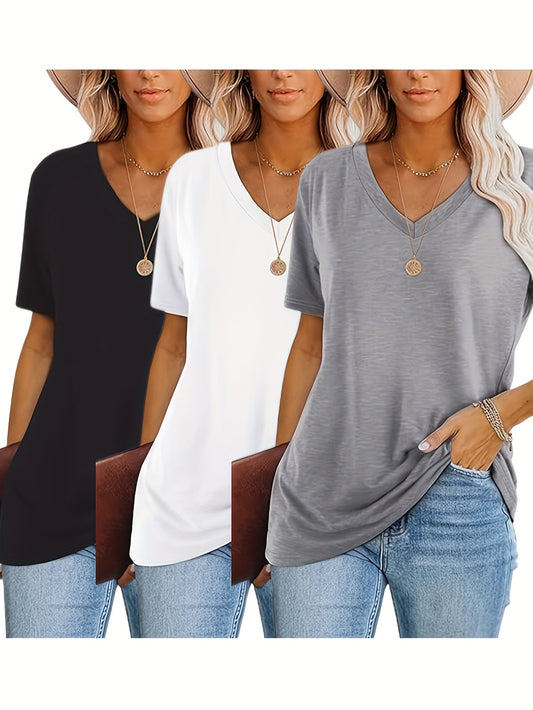 [Soft T-Shirts] 3pcs Soft Breathable Women's Casual V-Neck T-Shirts | Relaxed Fit Short Sleeve Tops in Black/White/Grey, Machine Washable, Versatile Casual Attire, Allseason Apparel, Minimalist Fashion, Comfortable Clothing