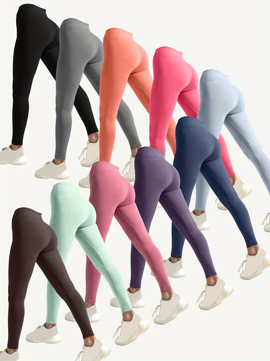 Comfortable High-Waist 10pcs Stretchy Yoga Leggings for Women - Polyester & Elastane Blend, Non-See-Through, Solid Color, Long Length, Perfect for Running & Fitness, All-Season Activewear