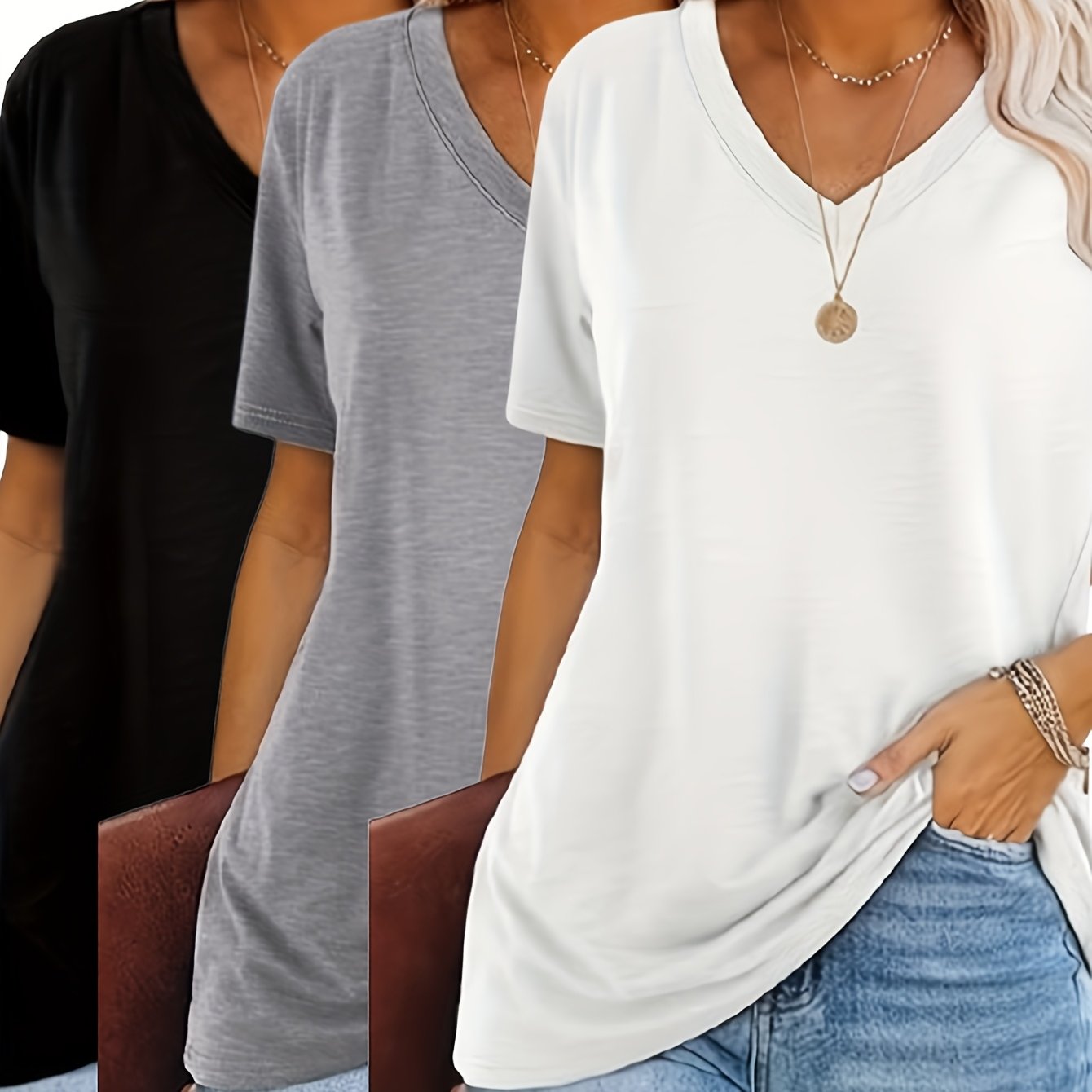 [Fashion T-Shirt] Three-Piece V-Neck Short Sleeve T-Shirt Set | 2025 European and American Fashion Casual Loose Women's