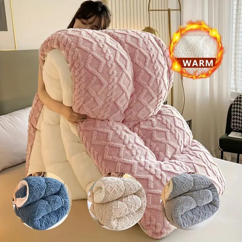 1pc Double-Sided Plush Fleece & Sheepskin Comforter - Warm, Soft, Skin-Friendly Winter Bedding with Geometric Pattern, Dry Clean Only, Deep Blue, Ideal for Cold Weather Coziness