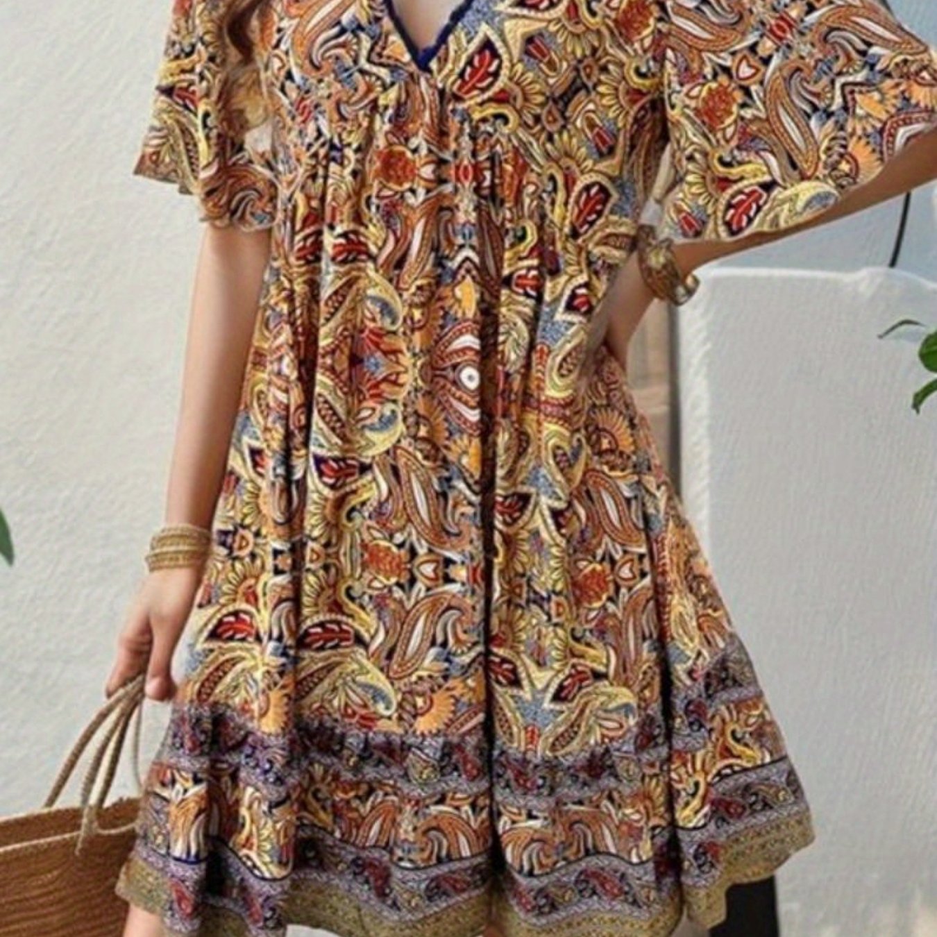 Womens Summer Casual V Neck Summer Half Sleeve Bohemian Floral Print Mini Short Dresses Holiday Streetwear
