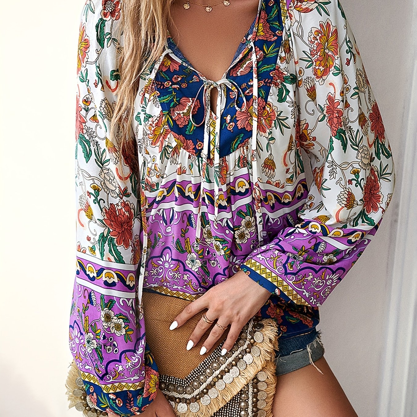 Boho Chic Floral V-Neck Blouse with Tie Detail - Long Sleeve, Casual Resort Wear for Women, Temperament, Fringed Shirt, Leisure Style, ALL/Global/All