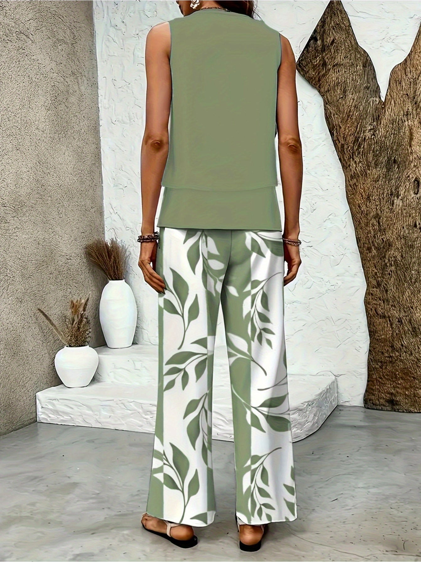Textured plant stripe printed square neck double-layer sleeveless vest straight-leg pants casual and comfortable vest set
