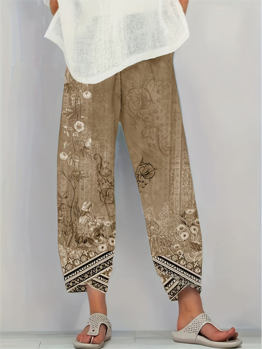 Women'S Retro Floral Capri Pants with Elastic Waistband & Pockets - Loose Fit Fabric, Beige with Black Floral Design, Perfect for Spring/Summer/Fall, Casual Wear Pants | Relaxed Fit Pants | Construction, Ladies Pants