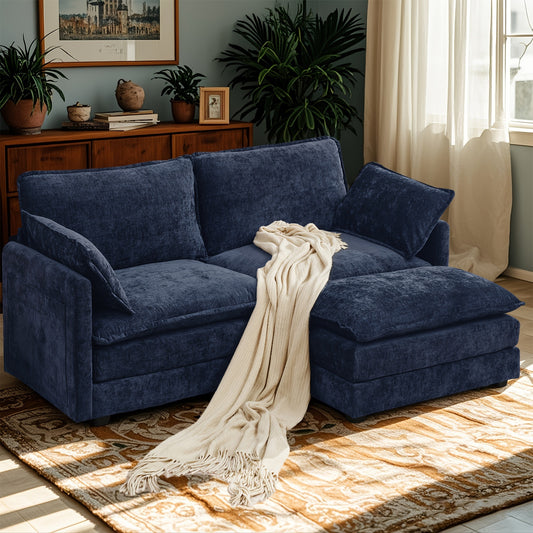 Royal Blue Chenille Sectional Sofa - 2-Seater Deep Seat Couch with Ottoman, Contemporary Hardwood Frame, Plush Upholstery for Living Room or Home Office, Couch for Living Room