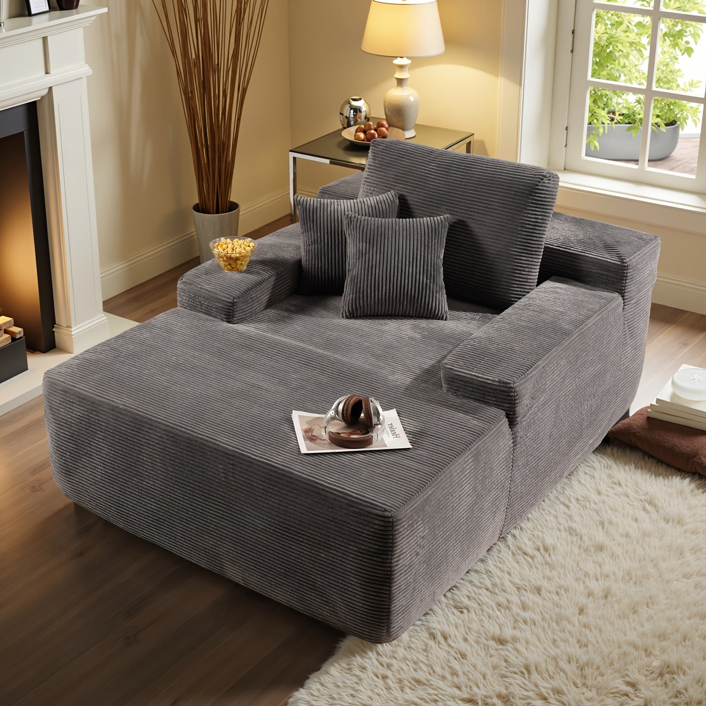 48" Large Corduroy Floor Sofa with Pillows - Oversized Lounge Chair with Plush Upholstery, Deep Cushions, And Armrests/ Deep Seat Sofa Bed with High Density Sponge Cushion/ USleeper Sofa for Living Room, Bedroom, Apartment, B