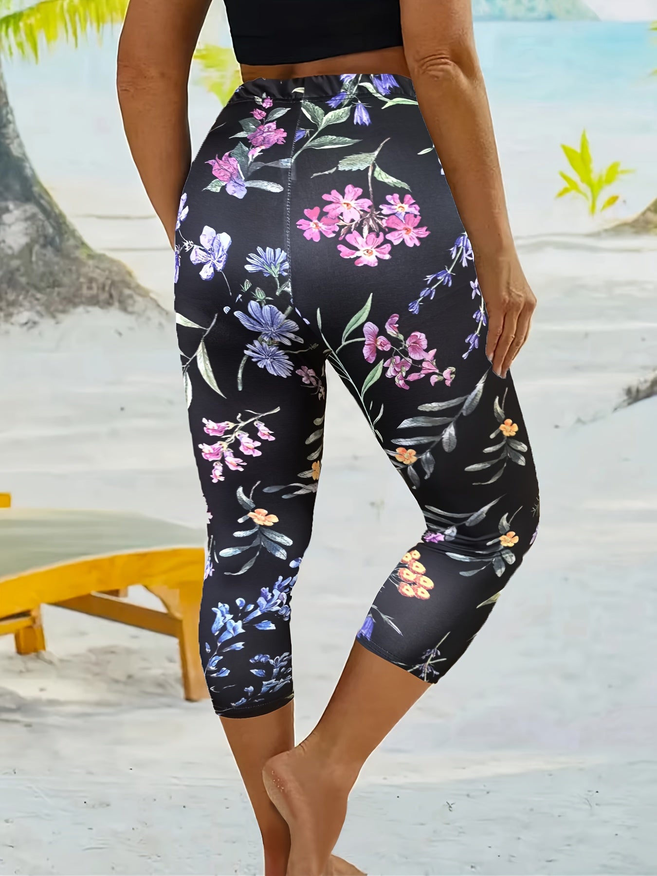 Women's High-Elasticity Floral Print Yoga Leggings - Vibrant Pink, Blue & Green Floral Design on Black Background, Machine Washable, Perfect for Fitness, Pilates, Dance & Casual Wear, Yoga Pants