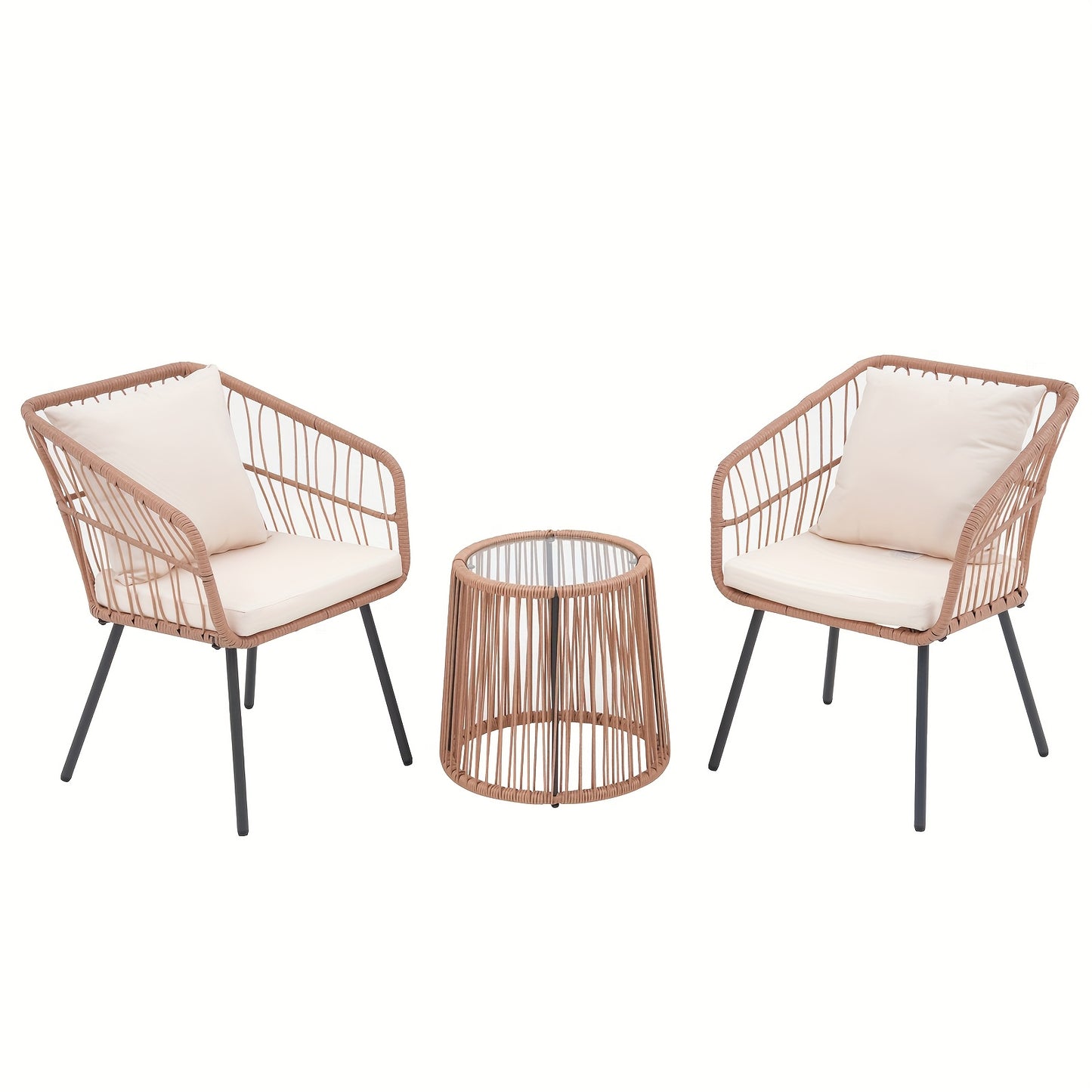 3pcs Patio Rattan Furniture Set, PE Wicker Bistro Set with 2 Armchairs And Glass Topped Side Table, Outdoor Conversation Set for Porch Balcony Backyard Poolside