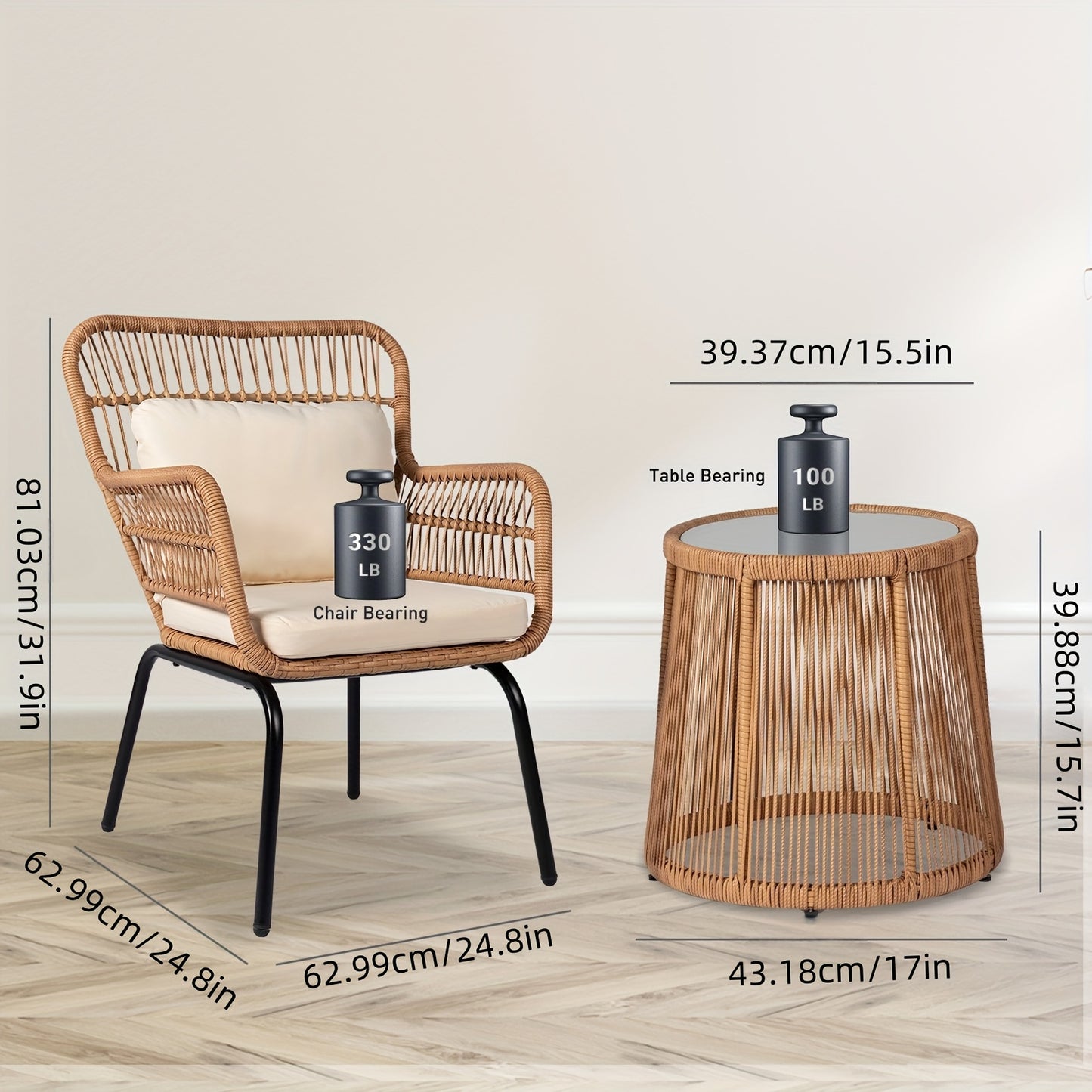 3pcs Outdoor Wicker Bistro Furniture Set, Comfortable Outside Rattan Patio Chairs And Balcony Table for Front Porch Deck Backyard And Garden