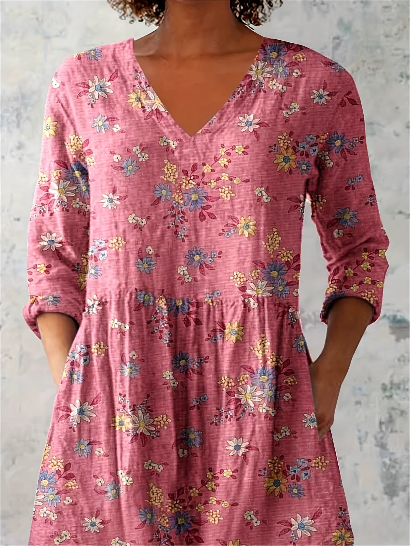 Women's Retro Floral Print Casual And V-neck Top, Loose Casual Mature Style