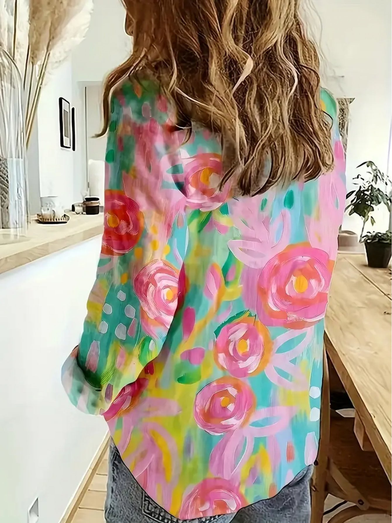 Women'S Lightweight Floral Print Button-Up Shirt - Long Sleeve Collared Blouse with Vibrant Pink, Blue, Yellow & Green Floral Pattern, Elegant Single-Breasted Design for Spring/Summer, Versatile Casual to Formal Wear, Floral