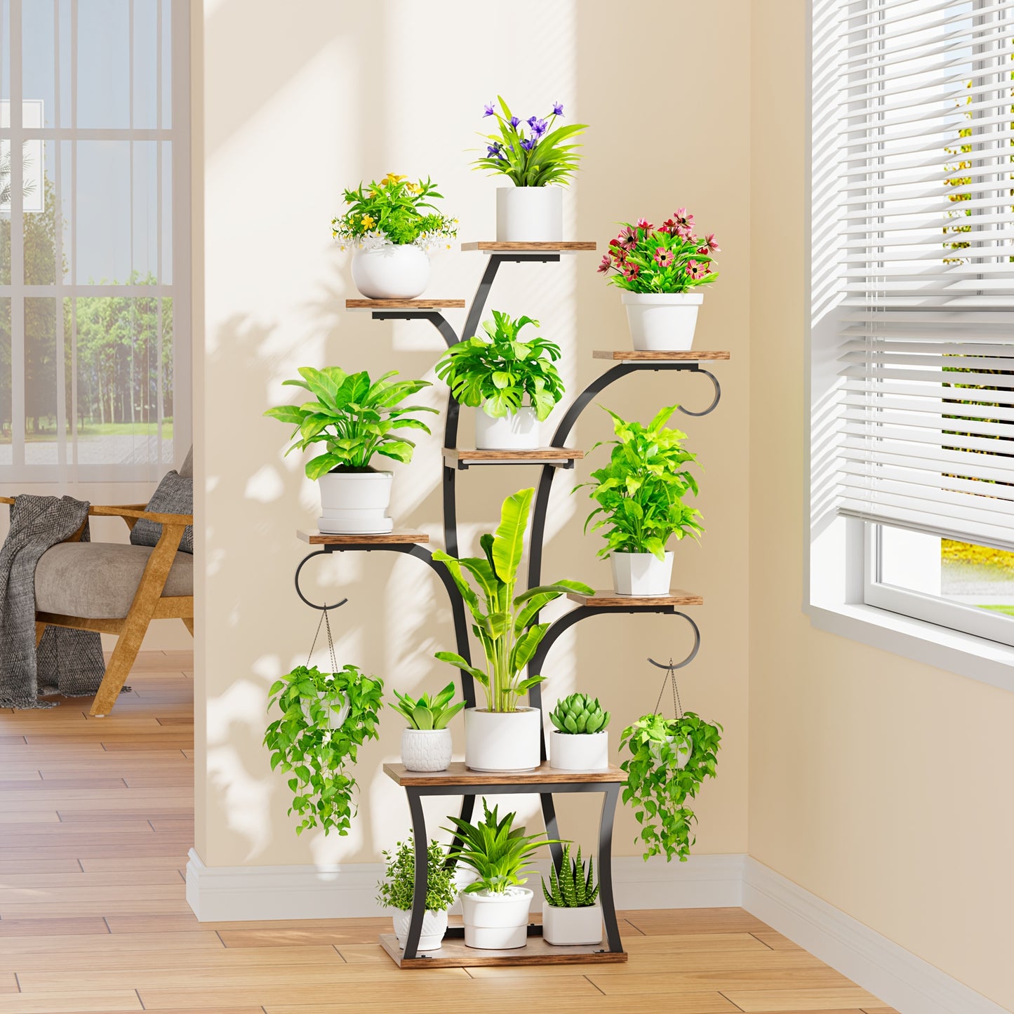 1pc Indoor Plant Stand With Grow Lights, 8-tier Corner Small Display Stand 47" Multi-functional Metal Display Shelf For Plants Handicraft, Tree-shaped Plant Shelf For Living Room Balcony Multiple Scenarios, Home Decor, Good G