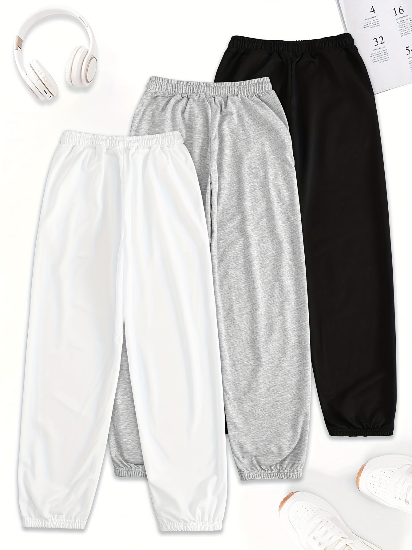 3pcs Women'S Casual Joggers with Elastic Waistband - Loose Fit, Drawstring Pants, White & Gray with Red Floral Print, All-Season Comfort, Jogging Pants