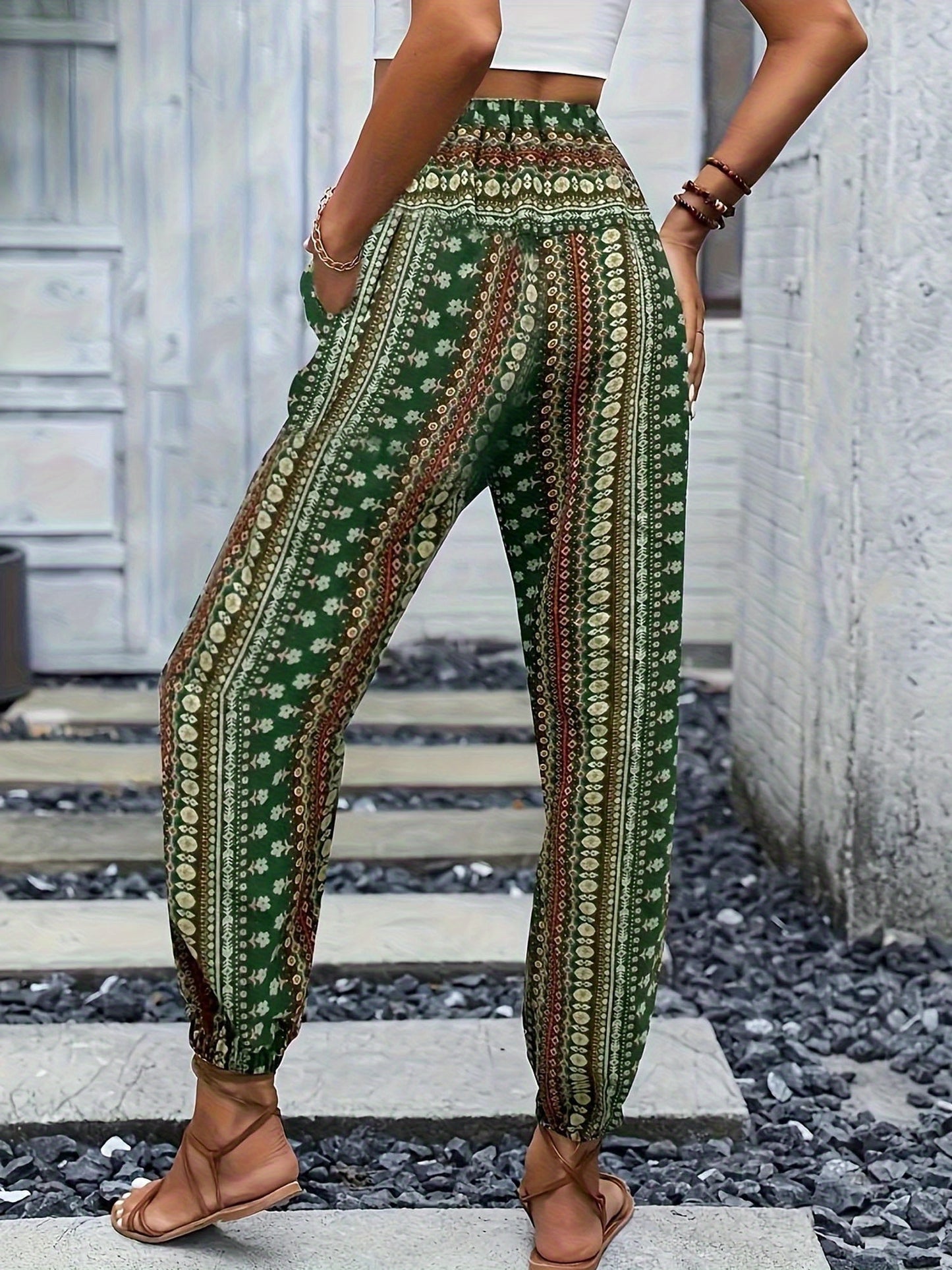 Women's Loose Fit Linen-Textured Polyester Harem Pants - Casual Summer Tapered Ankle Trousers with Pockets, Elastic Waist & Button Closure, Random Print for Outdoor