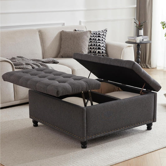 Large Square Storage Ottoman Bench, Square Tufted Upholstered Coffee Table Ottoman With Storage, Toy Box, Ottoman For Living Room, Oversized Storage Bench, Bedroom Ottoman, Entryway, Coffee Table For Living Room