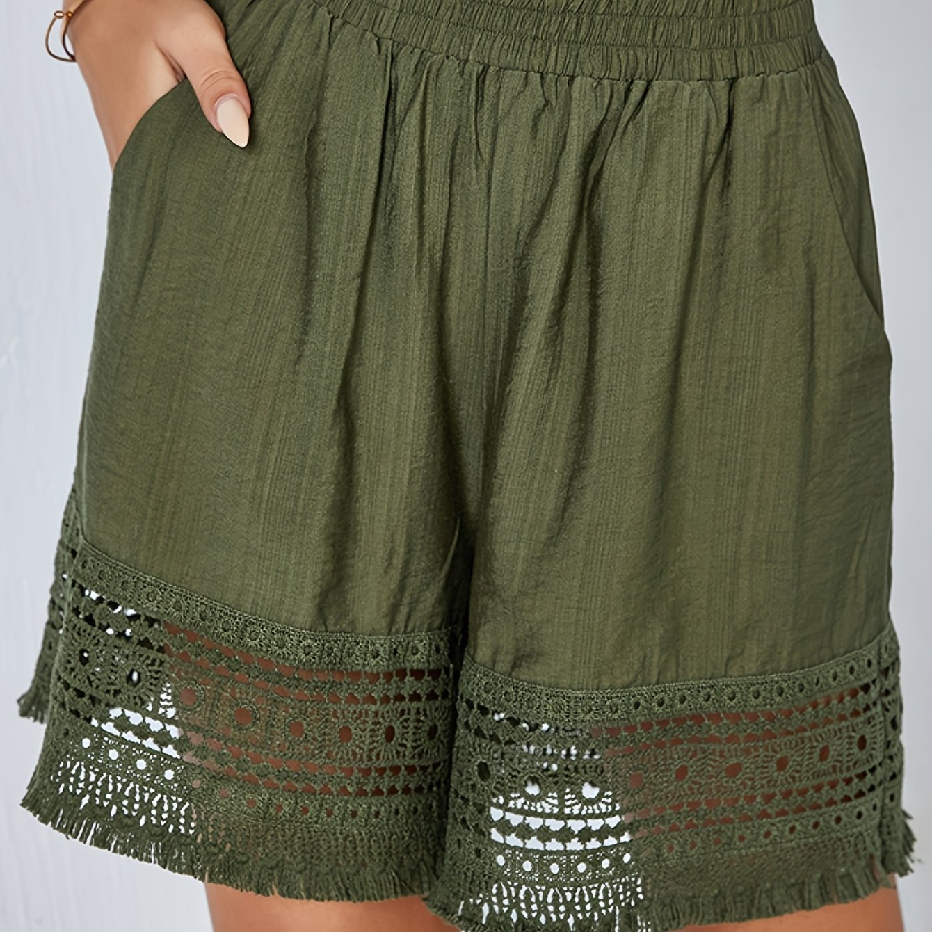 ZAFUL Women'S Solid Color Lace Cut-out Tassel Pocket Shorts, Beach Vacation Casual Outing