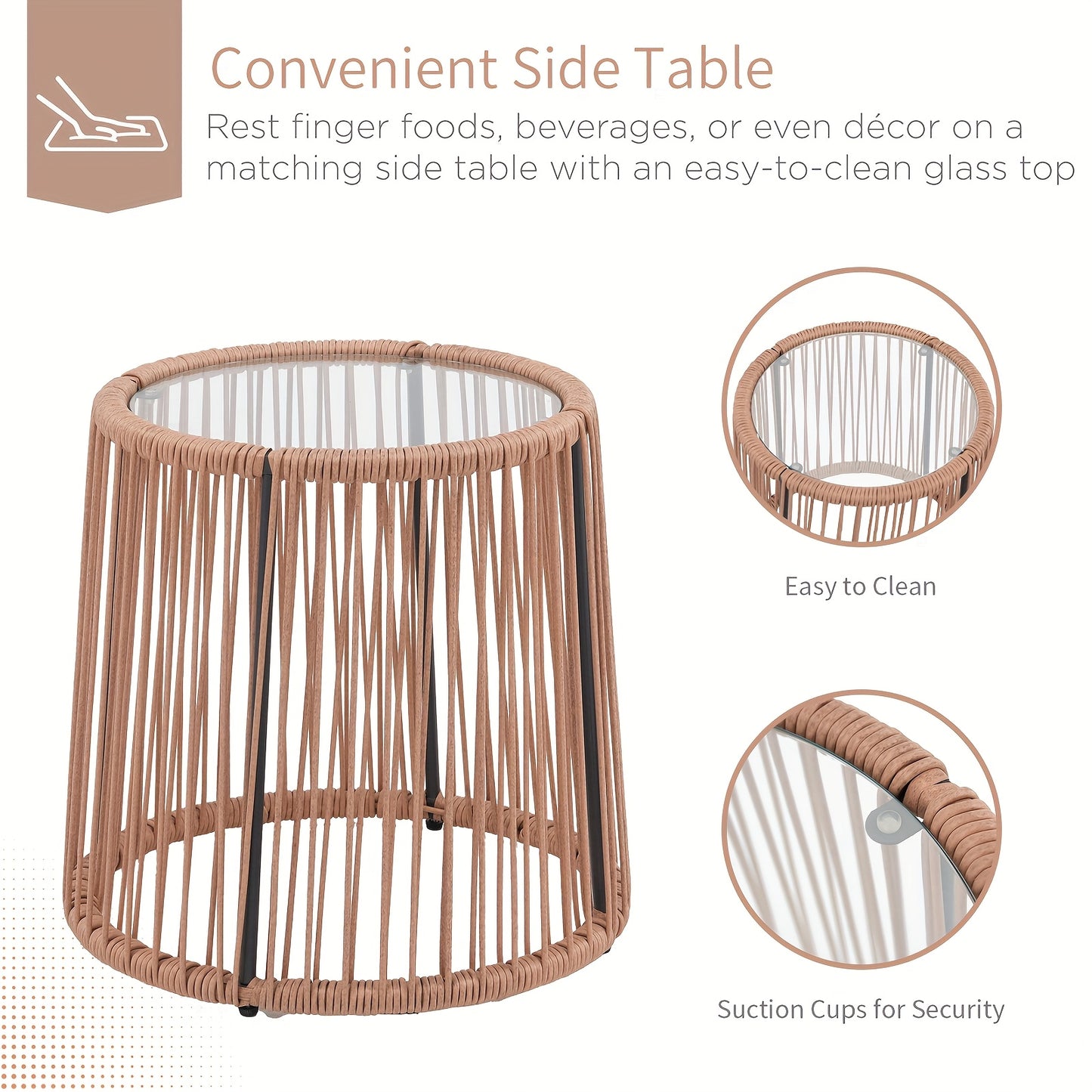 3pcs Patio Rattan Furniture Set, PE Wicker Bistro Set with 2 Armchairs And Glass Topped Side Table, Outdoor Conversation Set for Porch Balcony Backyard Poolside
