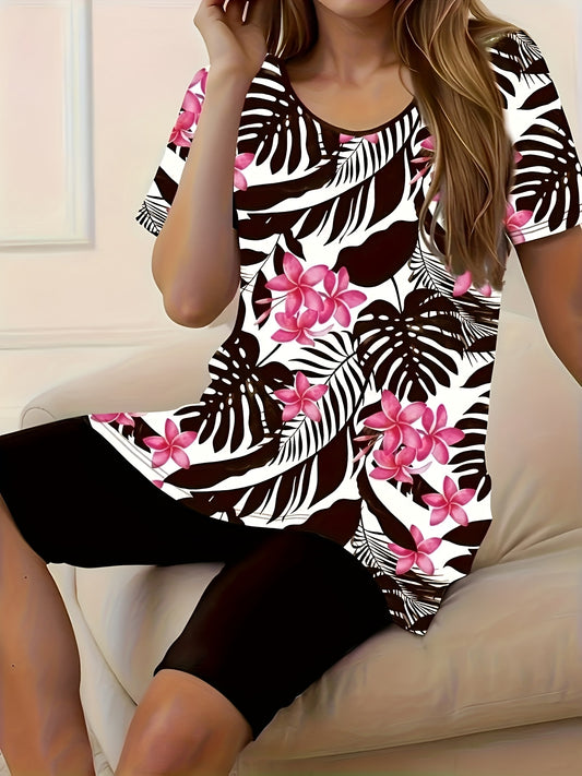 Women'S Elegant Two-Piece Leaf Print Casual Shorts and Top Set - Floral and Foliage Design, Short Sleeve T-Shirt with Round Neckline, Black and White, All-Season Comfort, Casual Attire|Floral Print Top|Short Sleeve Top, Flora