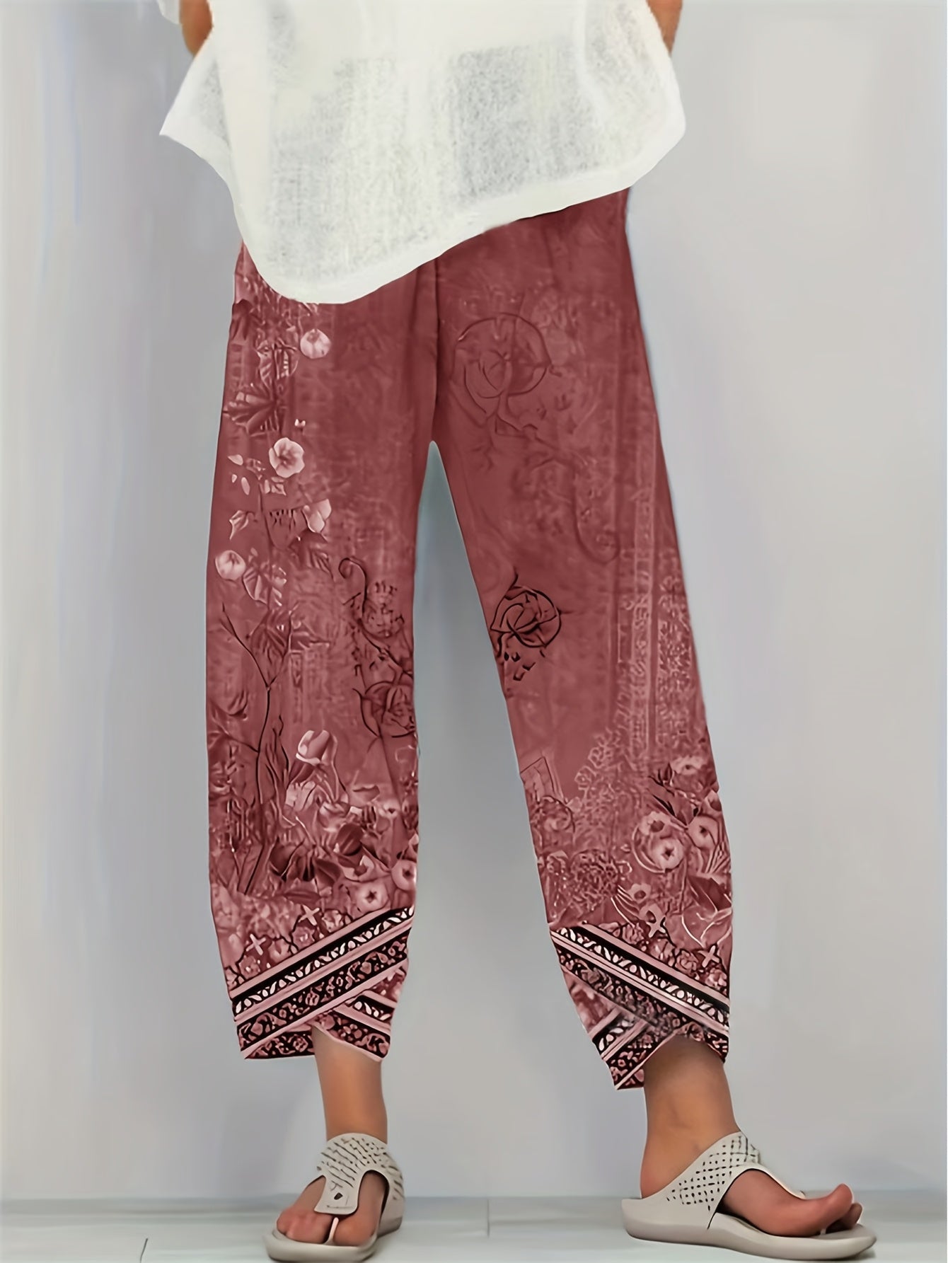 Women'S Retro Floral Capri Pants with Elastic Waistband & Pockets - Loose Fit Fabric, Beige with Black Floral Design, Perfect for Spring/Summer/Fall, Casual Wear Pants | Relaxed Fit Pants | Construction, Ladies Pants