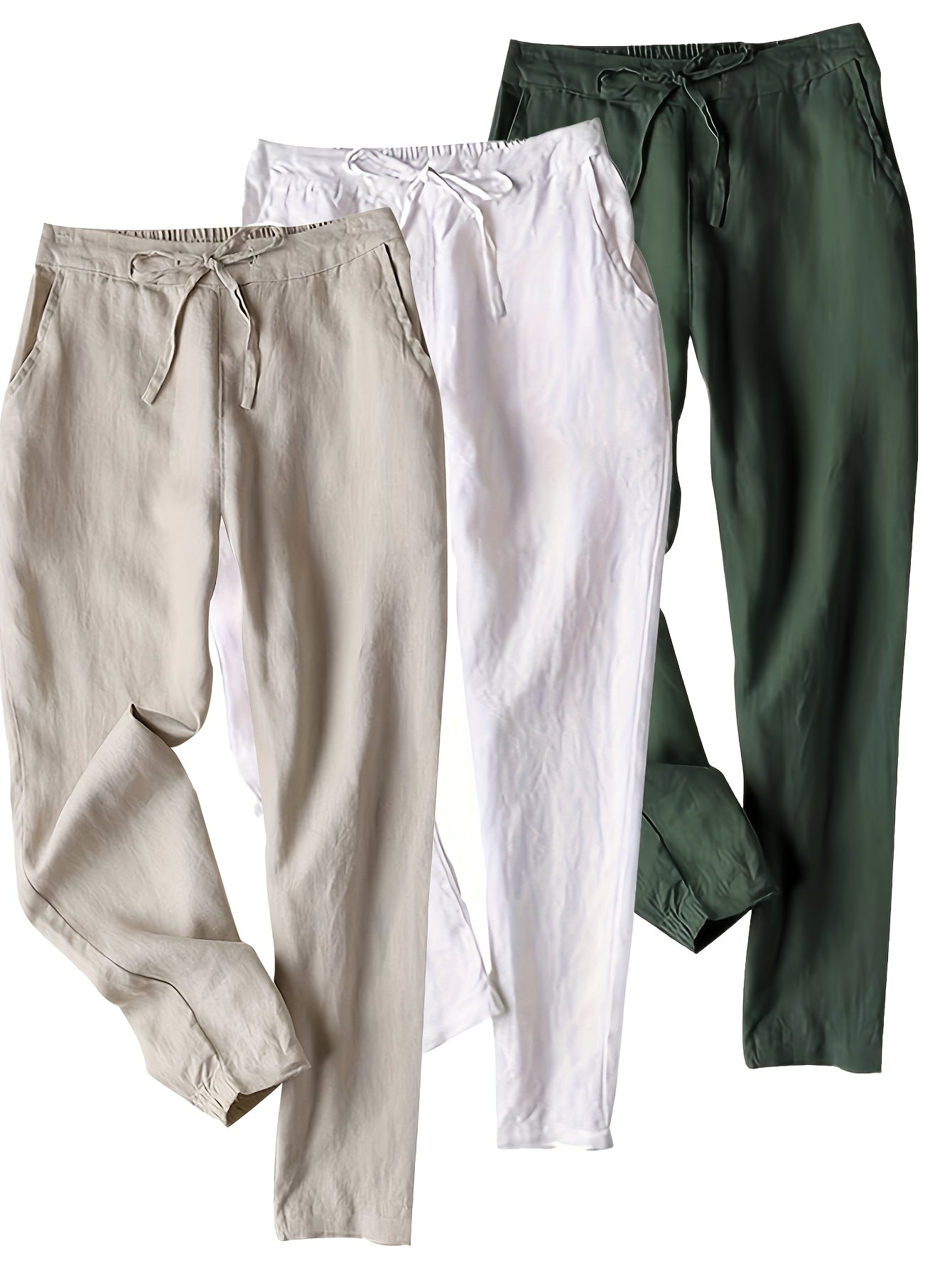 3pcs Linen Pants Women'S Summer Casual High Waist Drawstring White Beach Pants