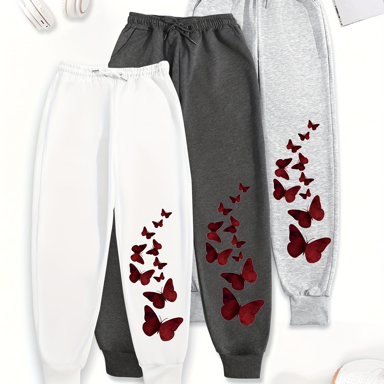 3pcs Women'S Casual Joggers with Butterfly Print - Elastic Waist, Loose Fit, Drawstring, Pockets, All-Season Comfort, Beige, Gray, Black, Jogging Pants