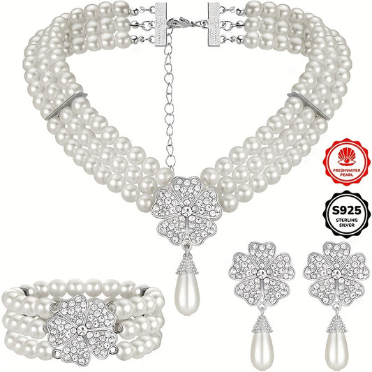 3 1920s Freshwater Pearls Jewelry Set, Including Vintage Flip Earrings Multi-layer Freshwater Pearls Necklace Bracelet, Gift Box, for Teenager