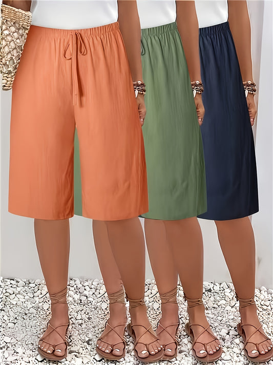 [High-Waisted Shorts] 3pcs High-Waisted Wide-Leg Shorts | Women's Casual Mid-Thigh Length Non-Stretch Fabric, Solid Colors - Machine Washable