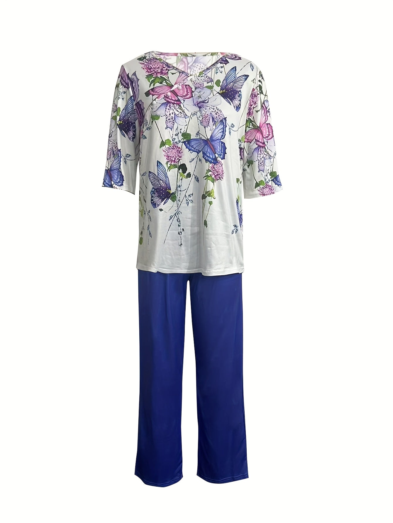 New Women's Floral Print Casual Round Neck Half Sleeve Top with Solid Color Loose Straight Pants Two-Piece Set
