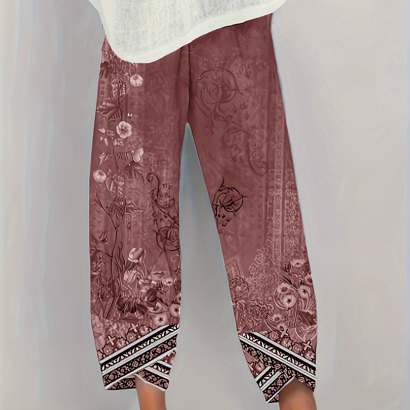 [Floral Print Palazzo Pants] Plus Size Floral Print Palazzo Pants | High Waist Wide Leg Cropped Pants, Soft Polyester Casual Summer Pants for Women, Lightweight & Breathable, Perfect for Casual Attire, Allseason Pants