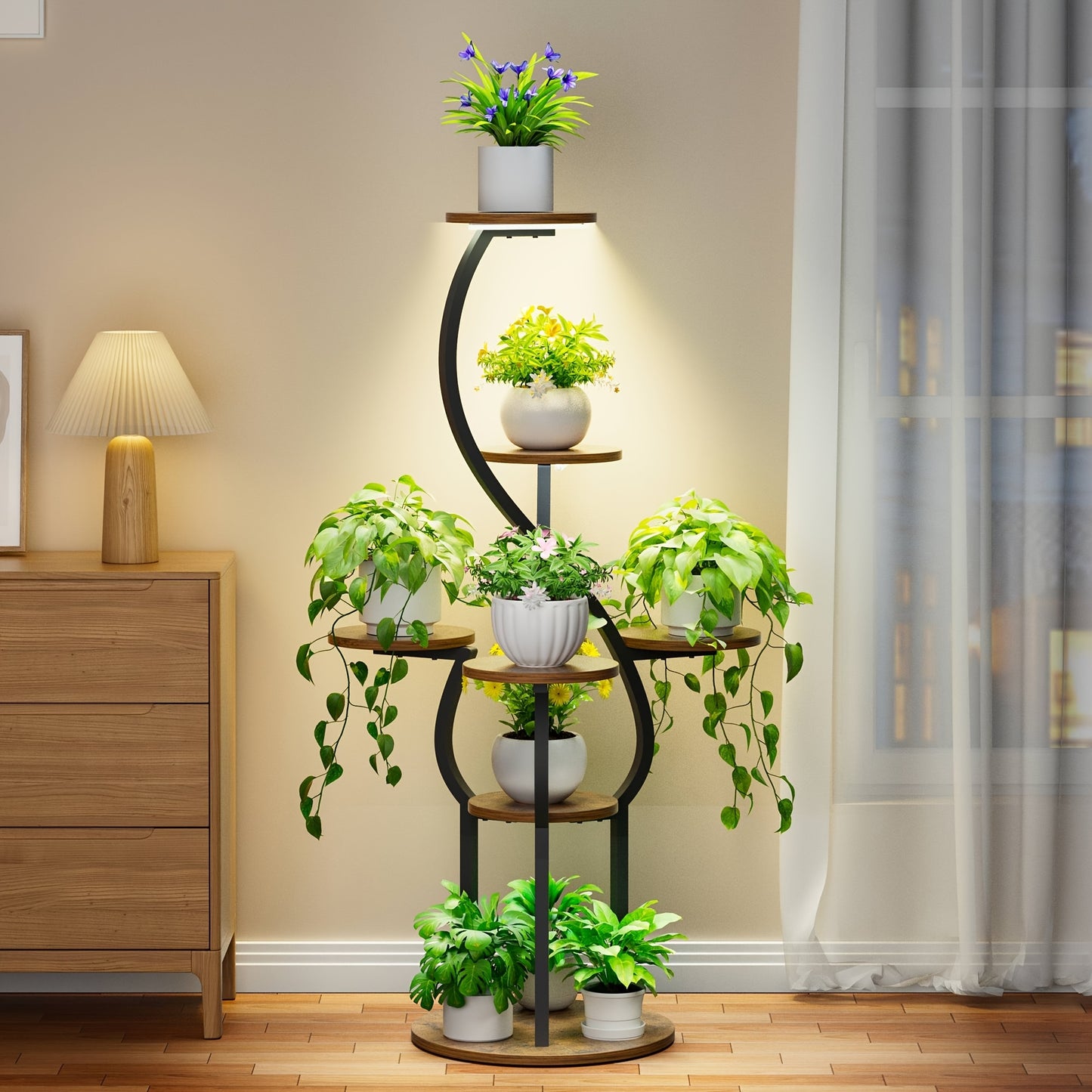 Indoor Plant Stand with Grow Light, 5-Tier 48-Inch Tall Metal Indoor Plant Shelf for Various Plants, Small Corner Display Rack Suitable for Living Room, Balcony, Patio, Hallway Decor, Brown