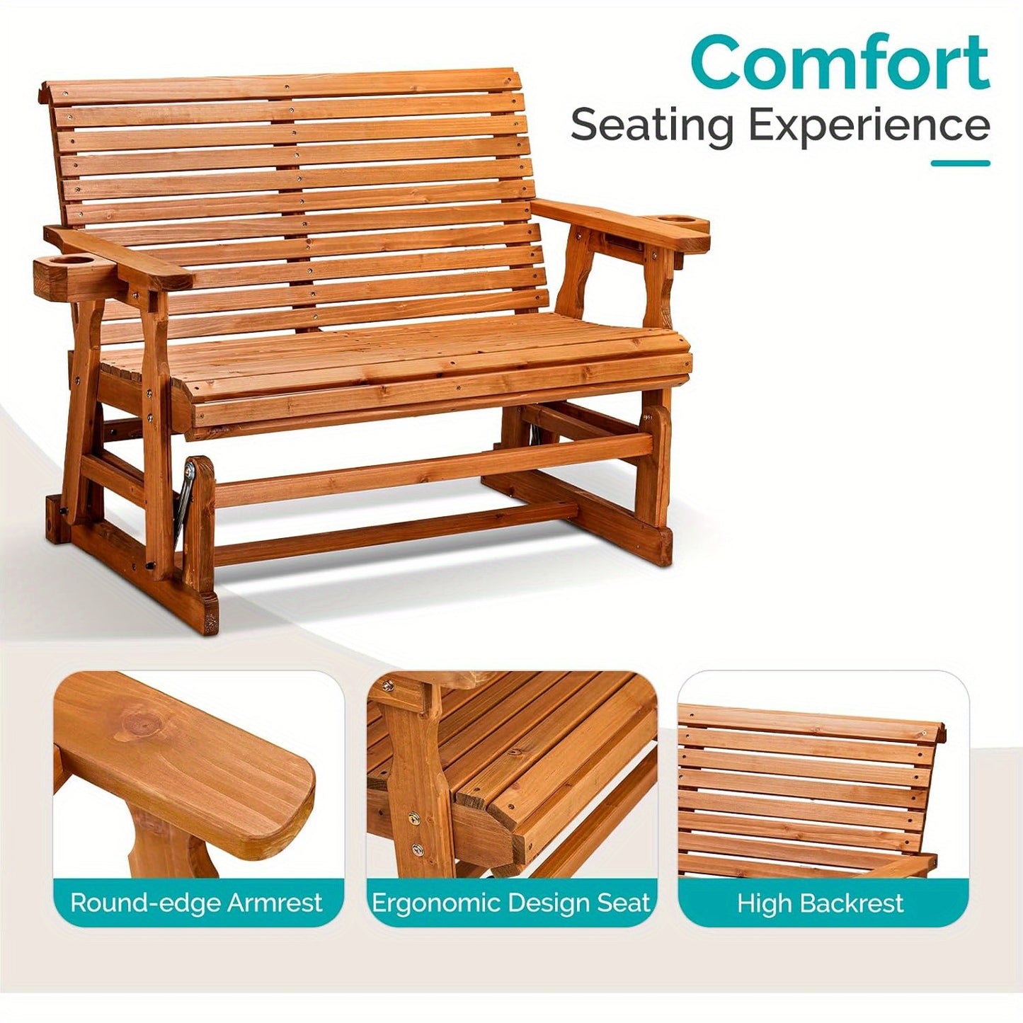 [Wood Patio Glider Bench] Heavy Duty 800 LBS Outdoor Glider Bench Wood Patio Glider with Cup Holders, Porch Glider Chair Outdoor Bench Glider Loveseat with Smooth Rocking Mechanism