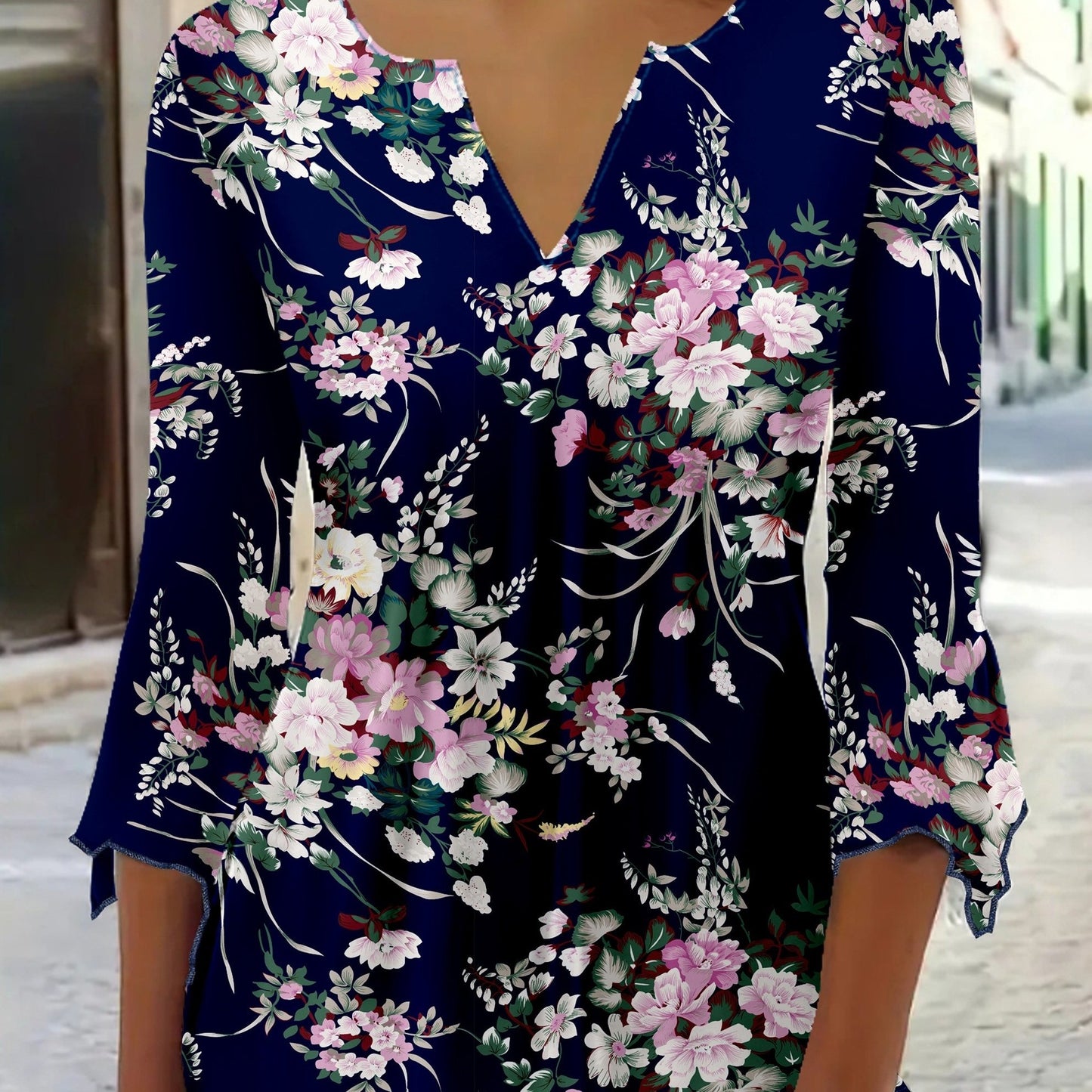 [Elegant Floral T-shirt] Elegant Floral Print Notched V Neck T-shirt | 3/4 Sleeve Top For Women's Spring & Summer Clothing