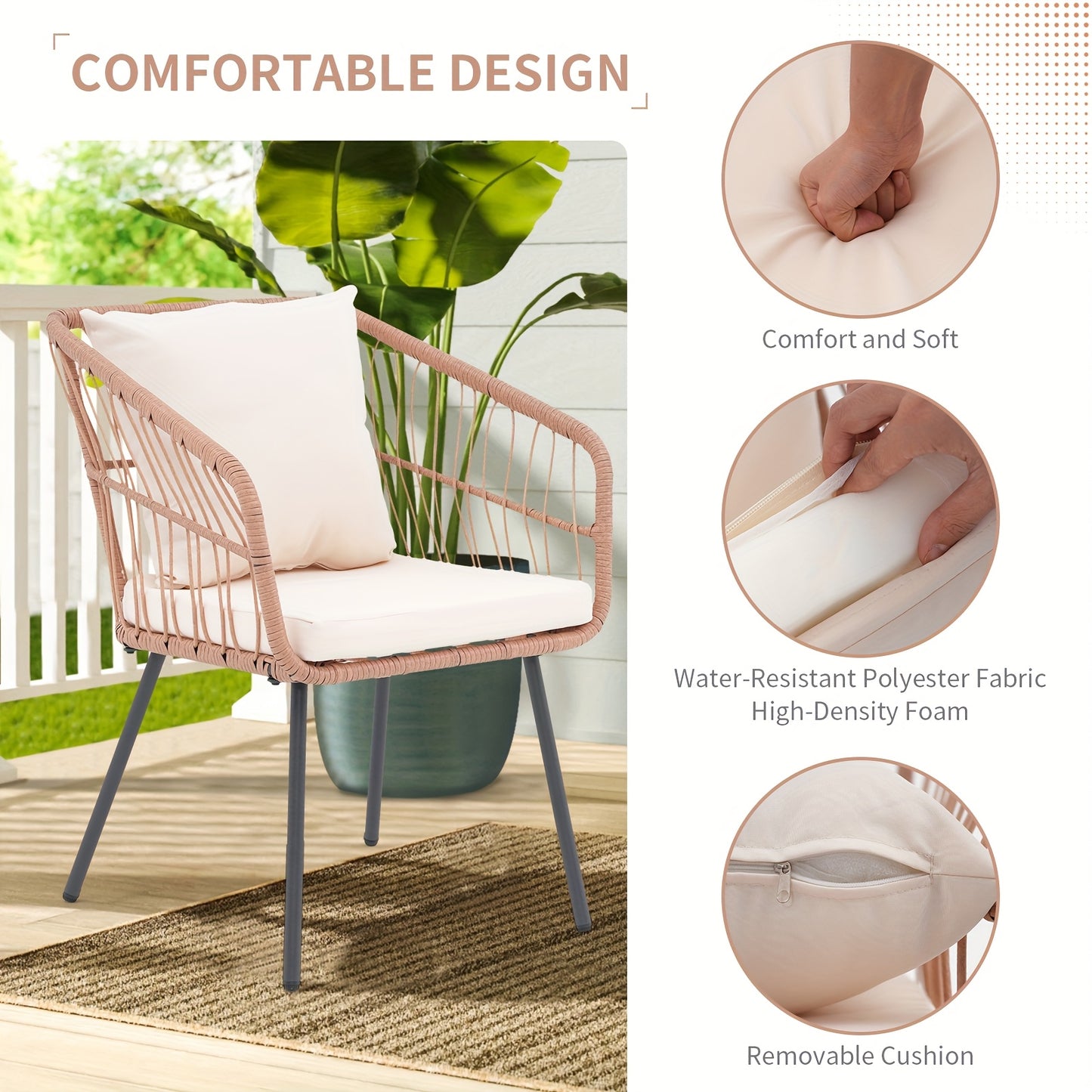 3pcs Patio Rattan Furniture Set, PE Wicker Bistro Set with 2 Armchairs And Glass Topped Side Table, Outdoor Conversation Set for Porch Balcony Backyard Poolside