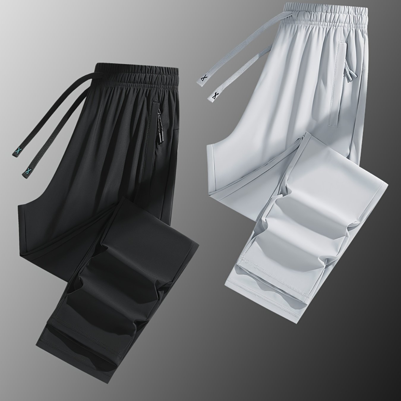 Two Pairs Of Summer Women's Long Pants, Solid-color Pants for Women, Elastic Drawstrings At The Waist, Hidden Zipper Pockets, Straight-leg Pants with Nylon And Spandex Medium-elastic Fabric, Ice Silky Quick-drying Pants, Wome
