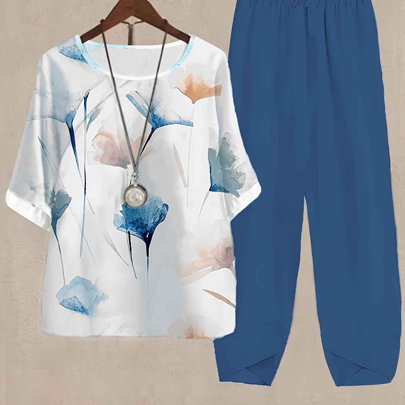 Women'S Floral Print Loose-Fit Casual Pants - Round Neck, Short Sleeve, Lightweight Polyester, Perfect for Spring & Summer Outings, Relaxed Fit Pants | Floral Print Pants | Comfortable Wear