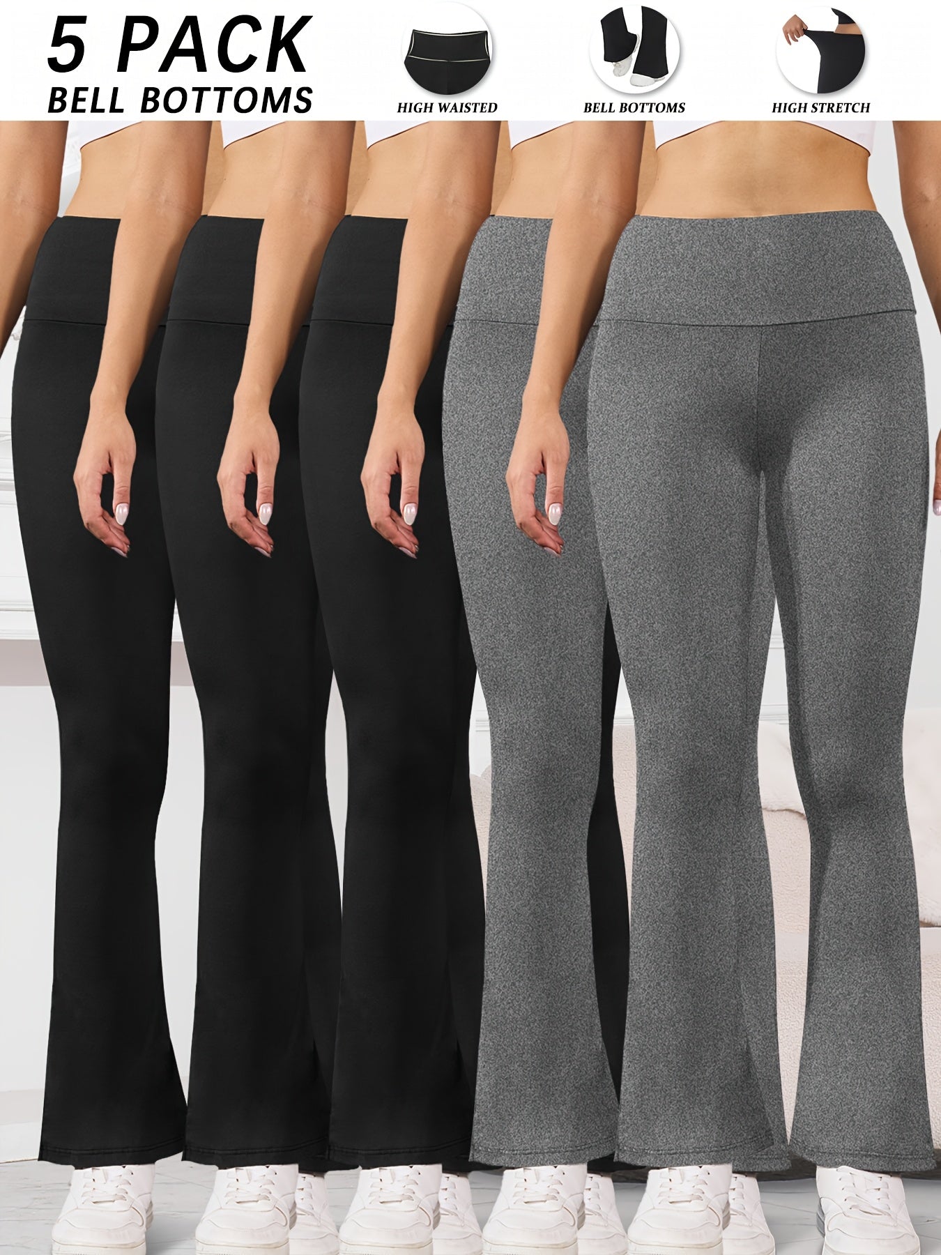 5pcs Women's Ultra-Soft High-Waist Flare Leggings - Tummy Control, Stretchy Bootcut Pants for Cycling & Sports, Available in 2 Colors