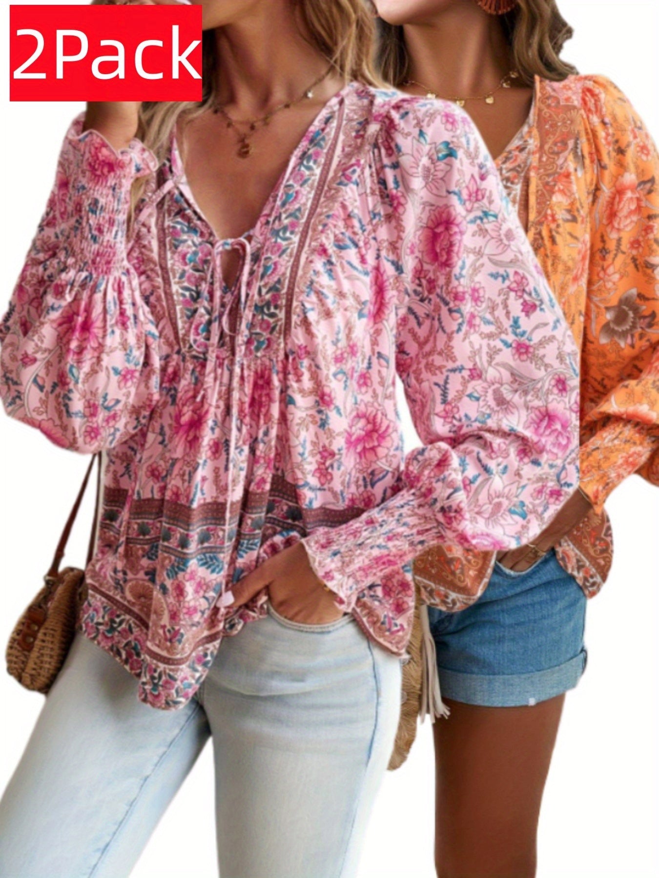 Plus Size - ZAFUL Summer Loose Plus Size Women'S Apparel, Stylish Resort Bohemian Floral Print Top Set, Lightweight Fashion V-Neck Printed Lantern Sleeve Tassel Plus Size Shirt*2