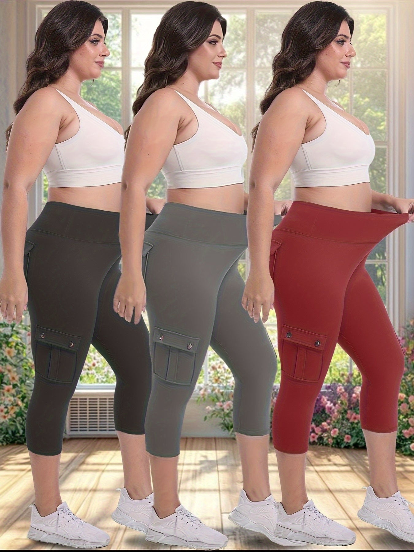 3pcs Women'S High-Waisted Yoga 7/10 Pants with Pockets - Stretch Running And Sports Leggings, Button Design, Solid Color, Comfortable Polyester Blend Fabric.