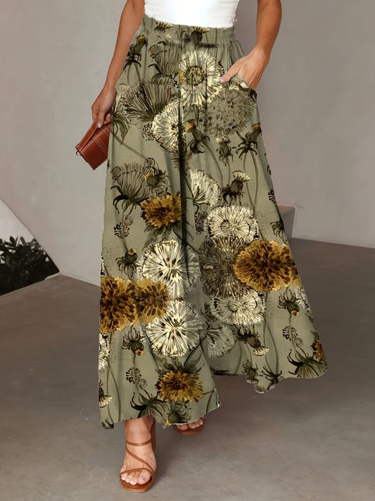 Elegant Women'S Wide-Leg Pants with Dandelion Floral Print