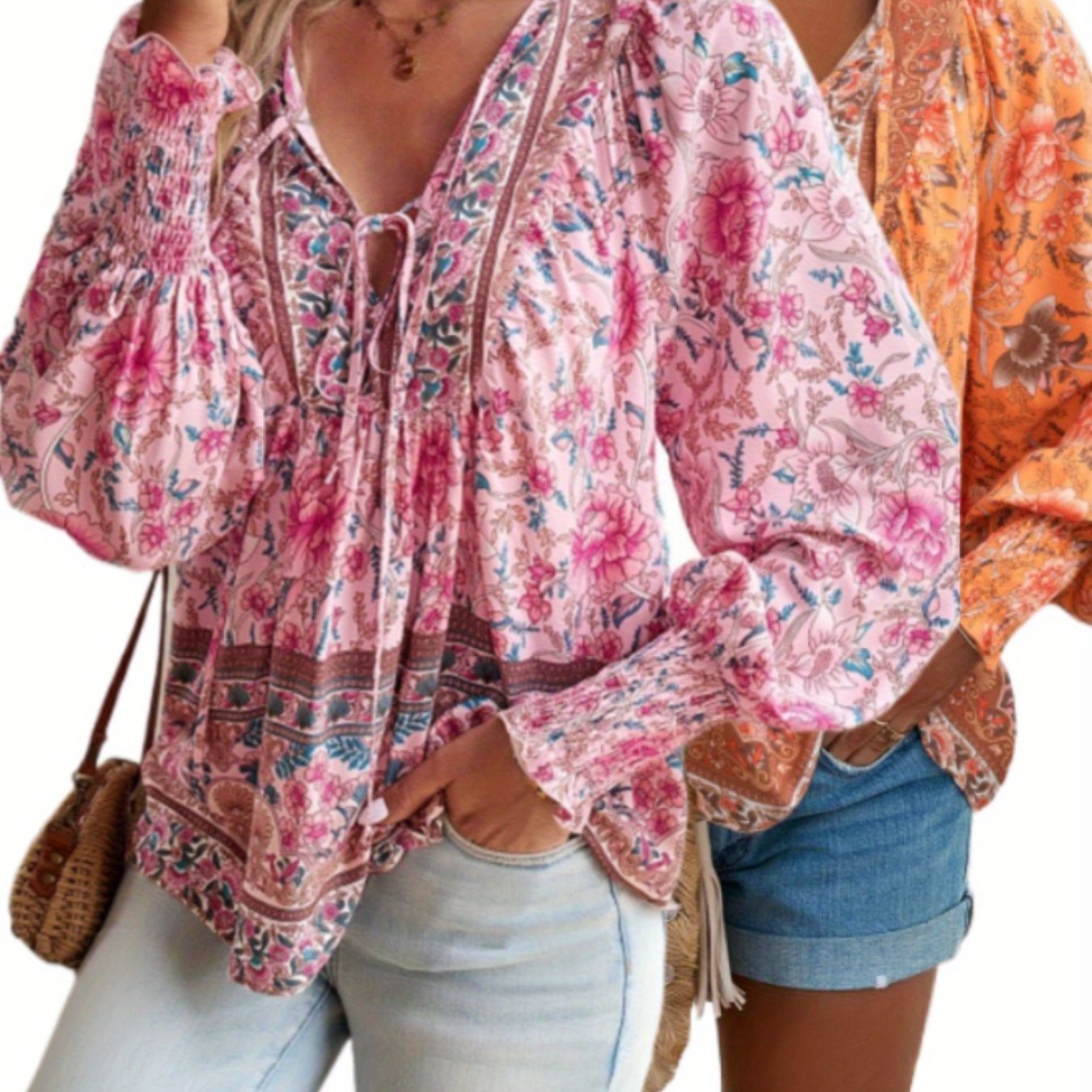 Plus Size - ZAFUL Summer Loose Plus Size Women'S Apparel, Stylish Resort Bohemian Floral Print Top Set, Lightweight Fashion V-Neck Printed Lantern Sleeve Tassel Plus Size Shirt*2