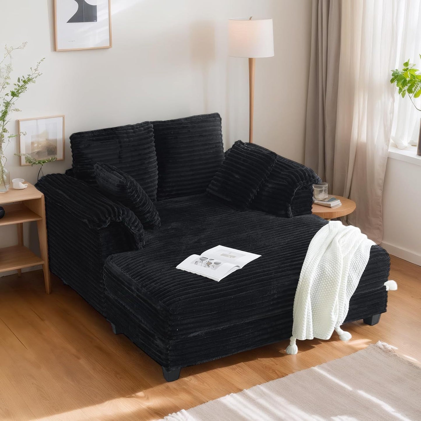 LEADZM Lounge Sofa, 56" Oversized Reading Sofa Corduroy Chaise Sofa Recliner Bed Upholstered Comfy Sleeper Couch with Throw Pillows And Armrests for Living Room, Movie Room, Bedroom