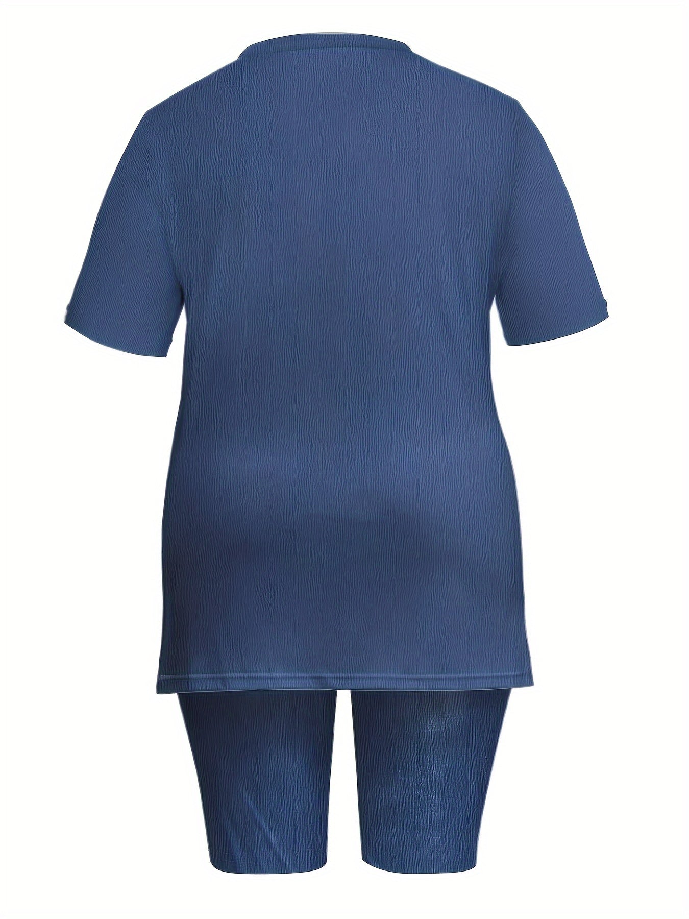 [Stylish Faux Denim Set] Stylish Women's Casual Faux Denim Print Two-Piece Set | Short Sleeve Top with Side Slits & High-Waisted Shorts, Comfortable Fit, Round Neck Polyester, Layered Design for Spring/Summer