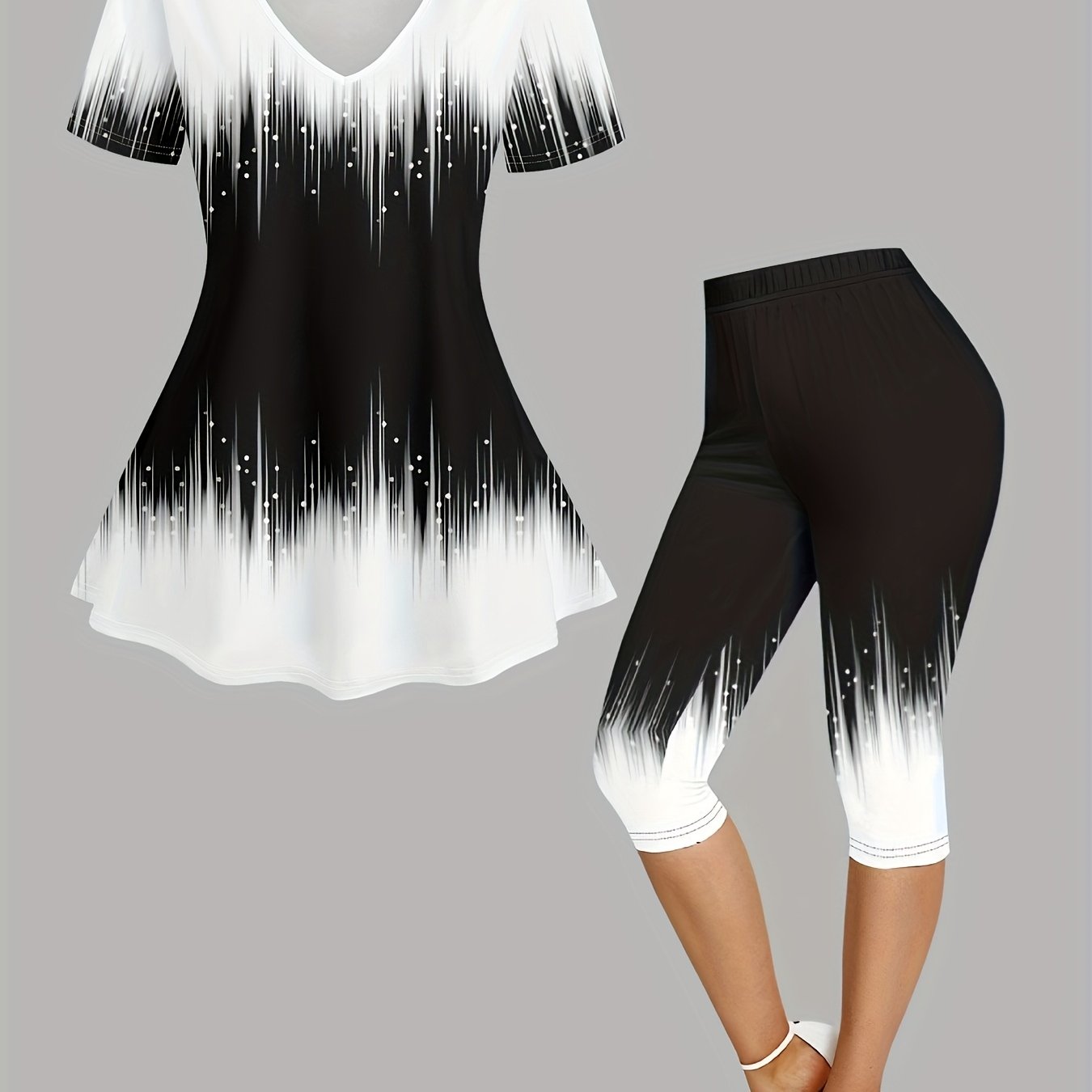 Color Block Print Two-Piece Set of Casual Clothing V-Neck Short Sleeved Long T-Shirt And Cropped Pants